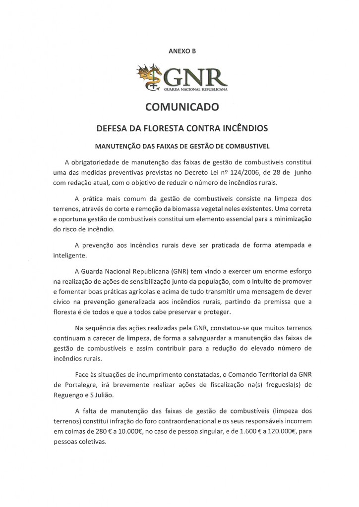 Comunicado da GNR - Defesa da Floresta contra Incêndios